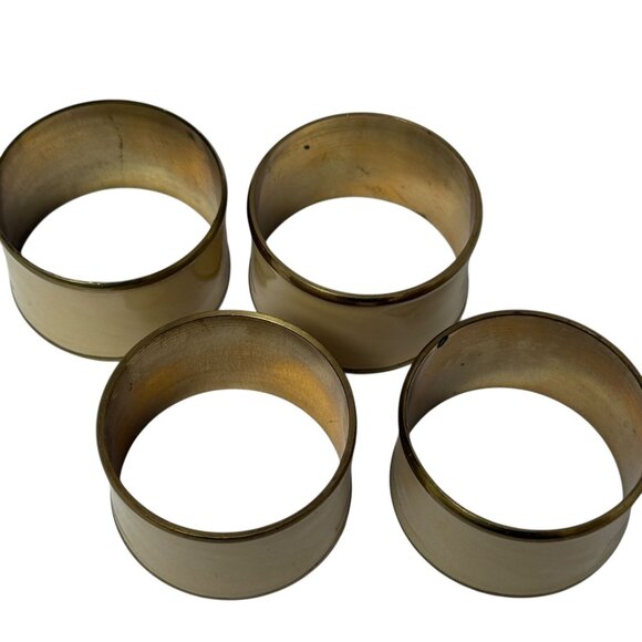 Set of 4 Napkin Rings Vintage Beige Enamel Brass Gold Tone Metal - Picture 5 of 7